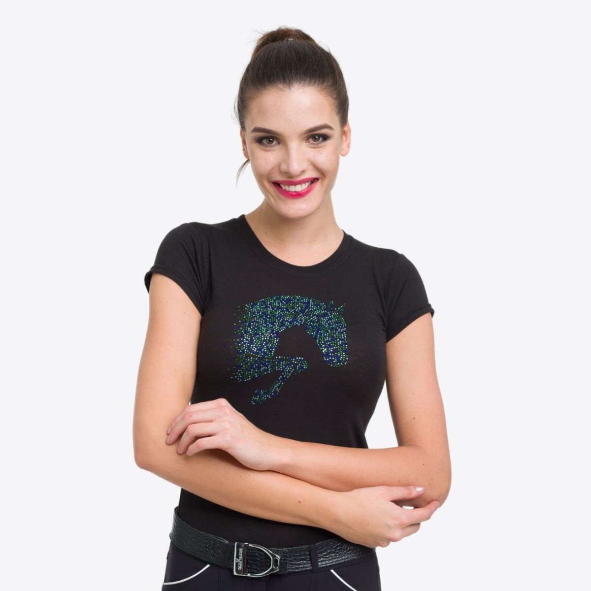 MULTICOLOR T-Shirt with Colorful Crystal Jumping Horse Decoration