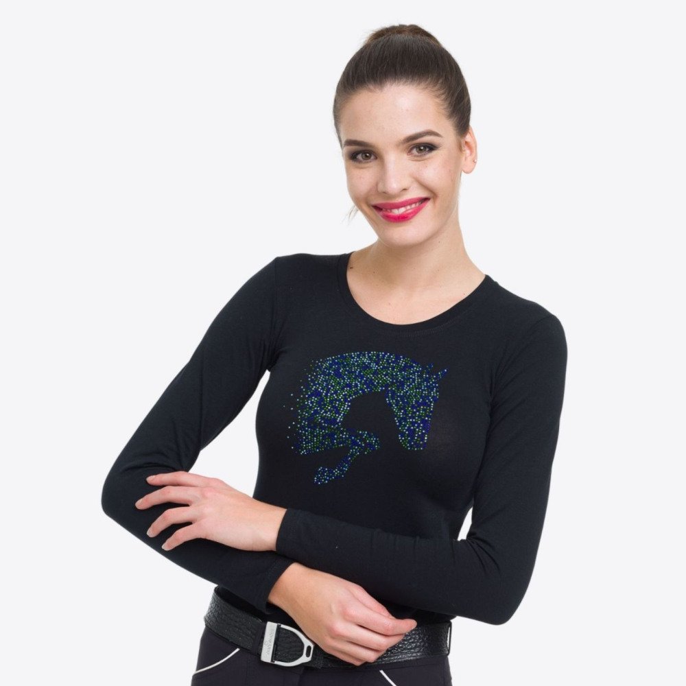 Riding T-Shirt MULTICOLOR with Colorful Crystal Jumping Horse Decoration, long sleeve