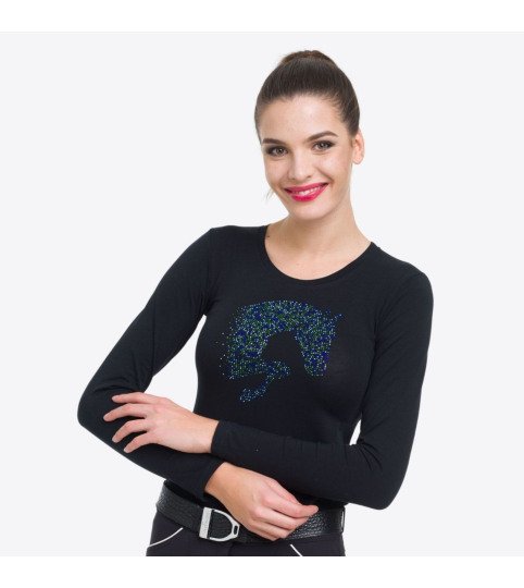 MULTICOLOR Long Sleeve Top with Colorful Crystal Jumping Horse Decoration