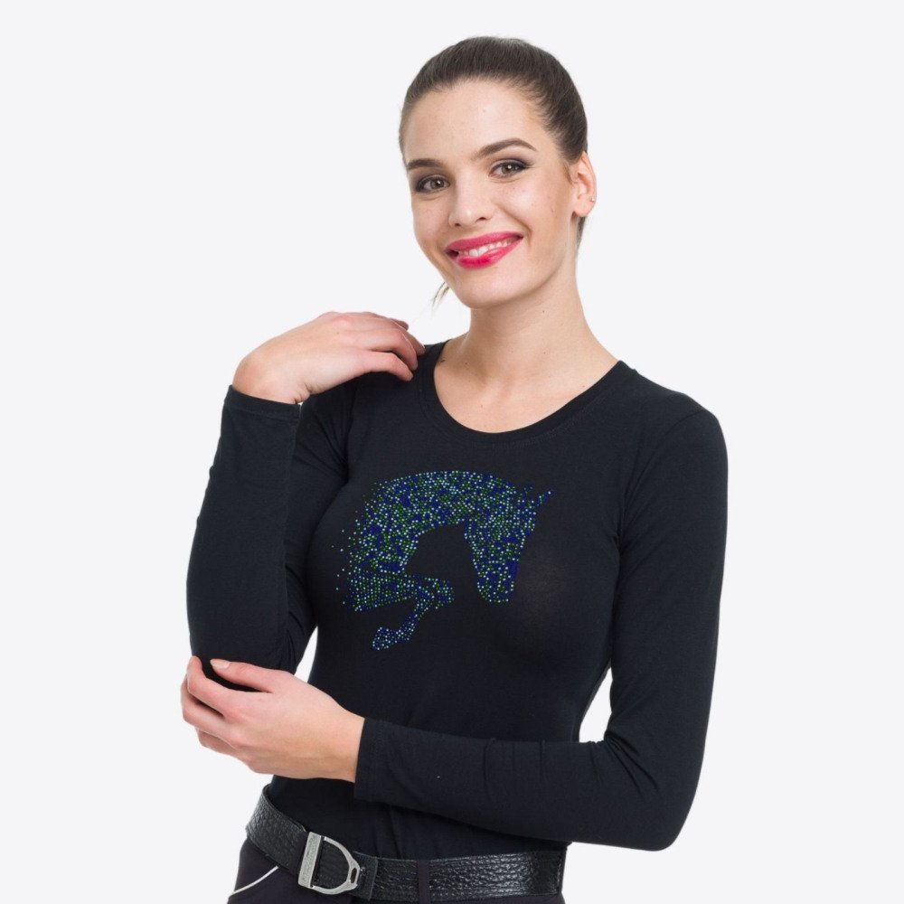 MULTICOLOR Long Sleeve Top with Colorful Crystal Jumping Horse Decoration