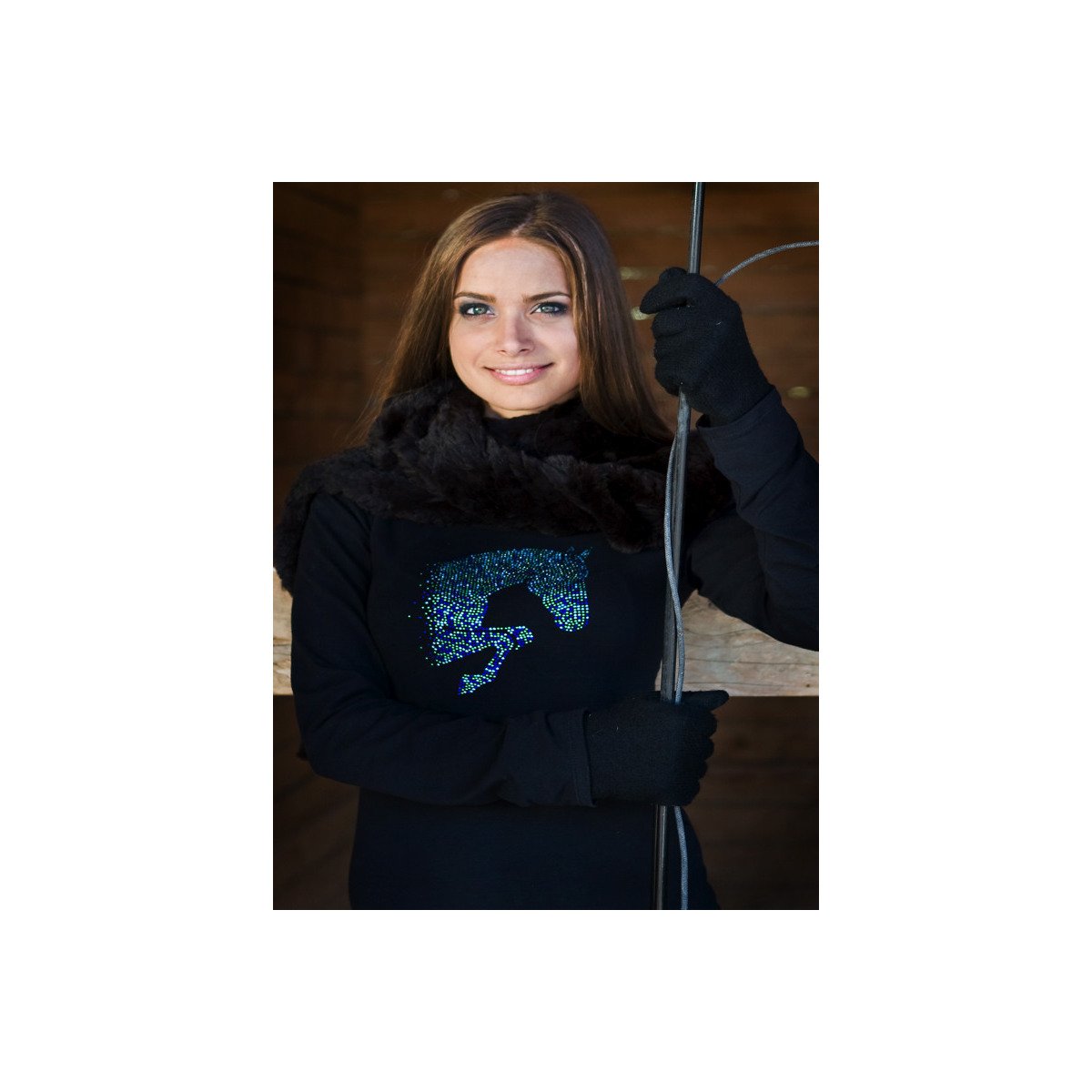 MULTICOLOR Long Sleeve Top with Colorful Crystal Jumping Horse Decoration