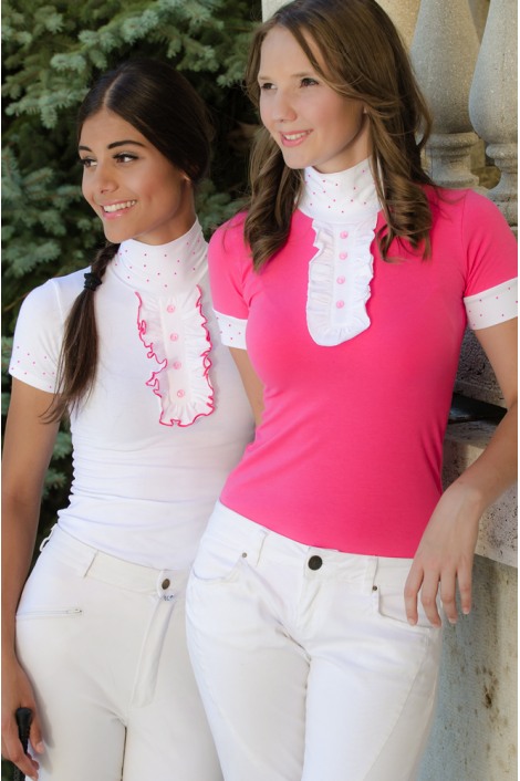 PINKY RADIANCE Short Sleeve Racing Shirt with Pink Crystal Decoration and Buttons and Chest Collar