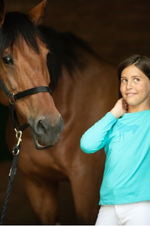 Футболка детская для верховой езды, длинный рукав - HORSE IN SKY BLUE, спецодежда для конного спорта