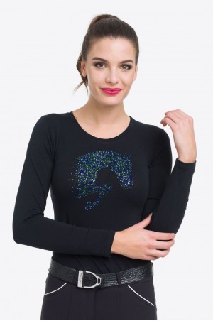 101-120102 MULTICOLOR Long Sleeve Top with Colorful Crystal Jumping Horse Decoration