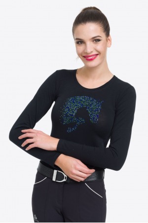 MULTICOLOR Long Sleeve Top with Colorful Crystal Jumping Horse Decoration